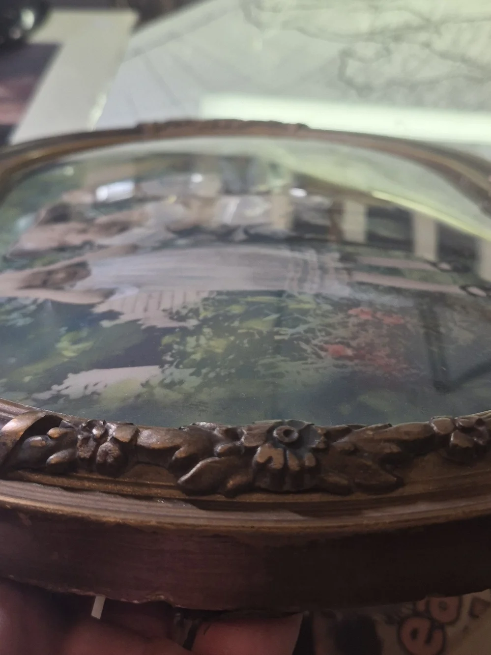 Ornate Oval Picture Frame in Bronze Finish with Vintage Family Print Convex Glas